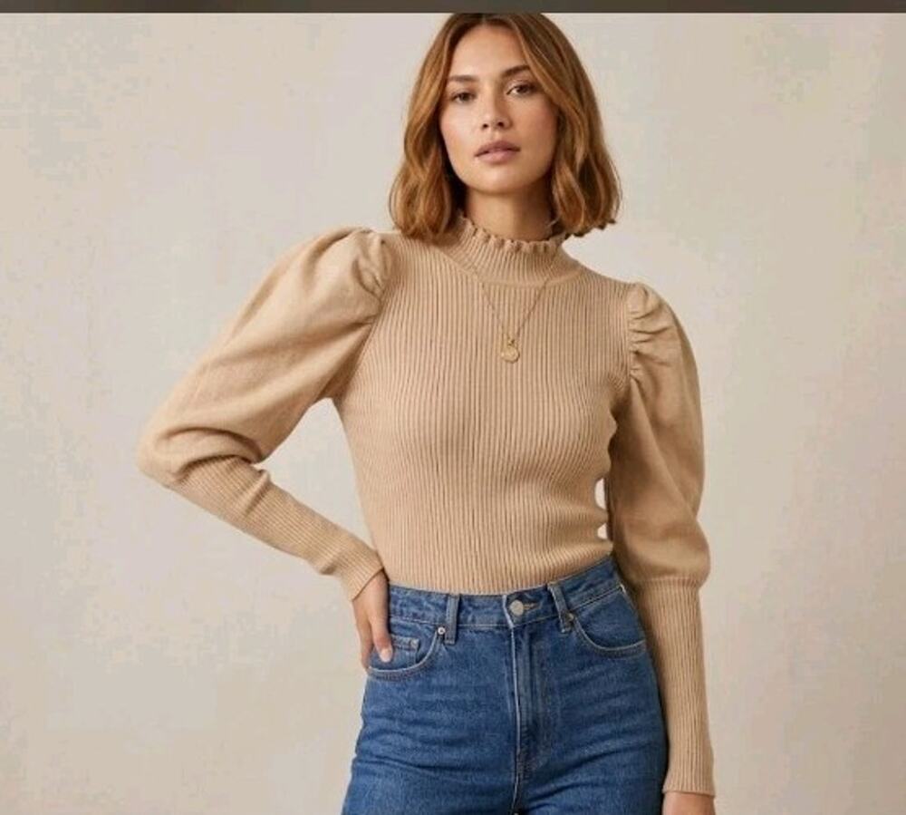 Puff Sleeve En Saison Beige ribbed Knit Sweater Top Size XS